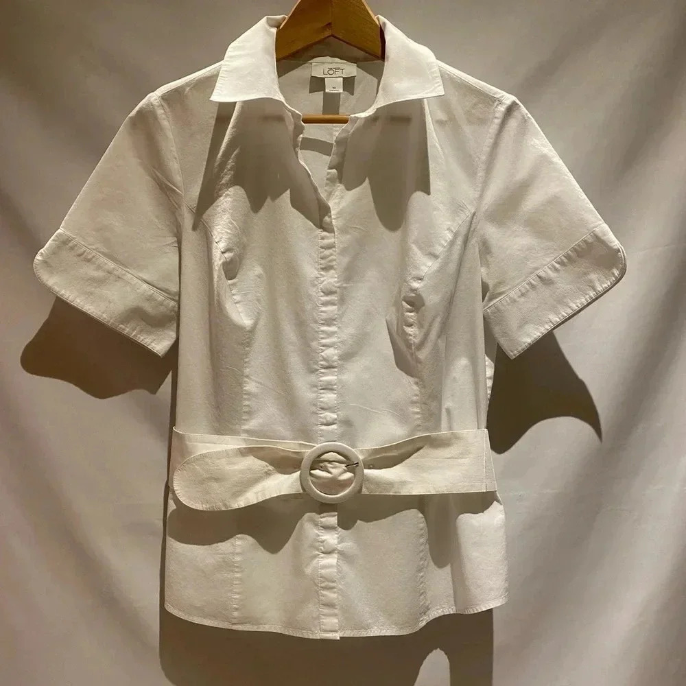 LOFT White Belted Cotton Blouse, size 10